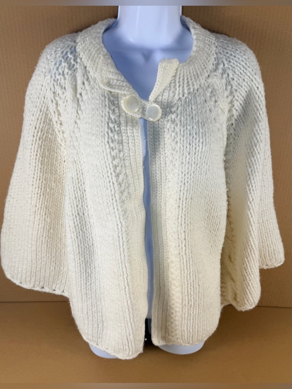 Vintage Handmade Crochet Poncho Cape White One Button Front Boho Cottagecore